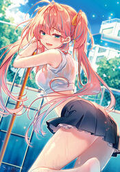  :d antenna_hair aqua_eyes bare_arms bare_shoulders bent_over black_skirt breasts cleaning commentary_request crop_top day empty_pool female from_side front-tie_top hair_intakes hair_ribbon long_hair looking_at_viewer looking_to_the_side medium_breasts melonbooks midriff miniskirt multicolored_hair open_mouth original outdoors pink_hair pleated_skirt pool rianastia_flugel ribbon riichu shirt skirt smile solo standing streaked_hair sunlight thighs tied_shirt twintails very_long_hair wet white_shirt 