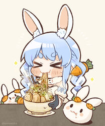  &gt;_&lt; :3 :t absurdres animal_ear_fluff animal_ears black_gloves blue_hair bowl braid carrot_hair_ornament chibi chopsticks closed_eyes commentary_request don-chan_(usada_pekora) eating female food food-themed_hair_ornament food_in_mouth gloves hair_ornament highres hololive jirou_(ramen) long_hair multicolored_hair noodles pekomon_(usada_pekora) rabbit_ears ramen same_anko simple_background solo sparkle streaked_hair sweat twin_braids two-tone_hair usada_pekora usada_pekora_(1st_costume) virtual_youtuber white_hair 