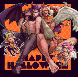  4boys angel angel_wings bad_id bad_pixiv_id barefoot basket battle_tendency chibi chocoblood demon_horns demon_tail demon_wings esidisi halloween halo hat horns jojo_no_kimyou_na_bouken kars_(jojo) male_focus multiple_boys polearm purple_hair santana_(jojo) single_wing soles symmetry tail toga trident turban wamuu weapon white_hair wings 