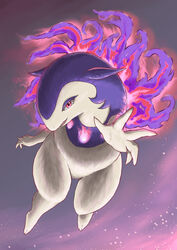  absurd_res burning colored_fire ears_down female feral fire fur generation_8_pokemon hi_res hisuian_form hisuian_typhlosion looking_at_viewer nintendo pivoted_ears pokemon pokemon_(species) pokemon_legends_arceus purple_body purple_fire purple_fur red_eyes regional_form_(pokemon) simple_background watte 