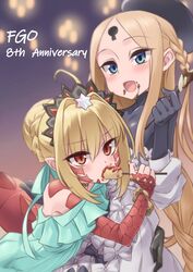  2girls abigail_williams_(event_portrait)_(fate) abigail_williams_(fate) ahoge aqua_dress aqua_ribbon bare_shoulders black_gloves black_headwear black_shirt blonde_hair blue_eyes bodystocking braid braided_ponytail breasts chocolate_banana choker corn_dog dragon_tail dress eating elbow_gloves facial_mark fate/grand_order fate_(series) forehead french_braid galbany_(tsgororin) gloves grey_dress hair_bun hair_intakes hair_ribbon hat highres ketchup keyhole long_hair long_sleeves looking_at_viewer multiple_girls nero_claudius_(fate) off_shoulder open_mouth parted_bangs pointy_ears queen_draco_(event_portrait)_(fate) queen_draco_(fate) red_eyes ribbon scales shirt sidelocks single_glove small_breasts smile tail tiara very_long_hair 