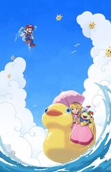  2boys absurdres beach_umbrella big_nose blonde_hair blue_eyes blue_sky bowser_jr. brooch commentary day dress english_commentary f.l.u.d.d. facial_hair fangs female hat highres inflatable_boat jewelry jors long_hair mario_(series) midair moustache multiple_boys paintbrush pink_dress princess_peach princess_peach_(sunshine) red_hair shine_sprite short_hair sky sleeveless sleeveless_dress super_mario_sunshine umbrella water 