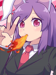  absurdres animal_ears bad_id bad_pixiv_id black_jacket blazer blush breath_weapon breathing_fire collared_shirt commentary_request cookie_(touhou) female fire highres hisui_(cookie) jacket long_hair looking_at_viewer necktie open_mouth purple_hair rabbit_ears red_eyes red_necktie reisen_udongein_inaba shirt solo swept_bangs totozame touhou upper_body v white_shirt 