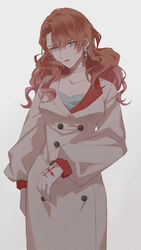  alternate_hair_color blue_eyes brown_coat brown_hair closed_mouth coat earrings female gloves grey_background highres irene_burke jewelry koeda_(k83_4) lipstick long_hair long_sleeves looking_at_viewer makeup simple_background solo tears_of_themis wavy_hair white_gloves 