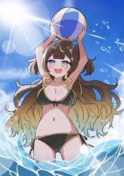  anya_melfissa bad_id bad_twitter_id ball beachball bikini black_bikini blonde_hair blush breasts brown_hair cleavage female gradient_hair halterneck highres holding holding_ball holding_beachball hololive hololive_indonesia large_breasts lens_flare long_hair midoku_(itijikusakura) midriff multicolored_hair navel no_pupils purple_eyes shortstack side-tie_bikini_bottom sky smile solo string_bikini swimsuit two_side_up very_long_hair virtual_youtuber water 