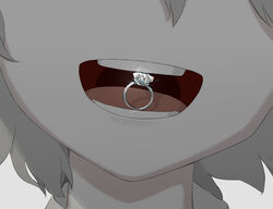  1boy :d absurdres avogado6 commentary diamond_(gemstone) diamond_ring facing_viewer glint grey_hair highres jewelry male_focus mouth_hold open_mouth original ornate_ring ring smile solo wedding_ring 