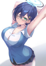  absurdres arms_up blue_archive blue_cardigan blue_hair breasts cardigan chihiro_(blue_archive) cleavage commentary female glasses green_eyes halo highres large_breasts neko_punch_(user_hddm3373) one_eye_closed pleated_skirt shirt skirt solo stretching white_shirt 