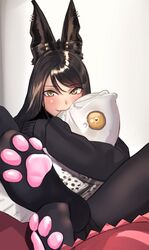  animal_ears black_hair black_pantyhose black_sweater blush earrings feet female foot_focus highres hugging_object jewelry kilye_kairi long_hair long_sleeves looking_at_viewer omochi_(cosplayer) pantyhose paw_shoes pillow pillow_bite pillow_hug real_life sitting sleeves_past_fingers sleeves_past_wrists slit_pupils smile solo sweater yellow_eyes 