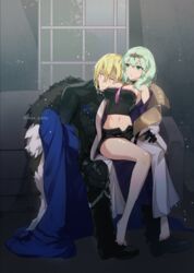  1boy armor bare_legs bare_shoulders barefoot black_armor black_shorts blonde_hair blue_cape breasts byleth_(female)_(fire_emblem) byleth_(fire_emblem) cape closed_eyes commentary_request crop_top dimitri_alexandre_blaiddyd female fire_emblem fire_emblem:_three_houses fur-trimmed_cape fur_trim green_eyes green_hair indoors large_breasts medium_hair midriff navel off_shoulder parted_lips short_hair short_shorts shorts sitting stomach strapless thighs tube_top yomusugara_(uzo-muzo) 