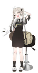  :d @_@ absurdres ahoge apron arm_up bag black_socks blush commentary english_commentary female full_body green_eyes grey_hair hair_ornament highres holding holding_tray long_hair looking_to_the_side oerba_yun_fang open_mouth original shoes short_sleeves sidelocks smile socks solo standing tonki tray twintails waitress white_background white_footwear 