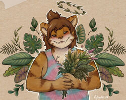  anthro body_hair bouquet brown_hair cheek_stripes claws closed_eyes clothed clothing curled_hair fangs felid feline flower flower_bouquet fur gabe_(mytigertail) hair leaf long_hair male mammal mytigertail overweight overweight_male pantherine paws pictographics plant ponytail shirt simple_background slightly_chubby slightly_chubby_anthro slightly_chubby_male smile solo tank_top teeth text tiger topwear traditional_media_(artwork) 