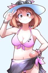  absurdres bad_id bad_pixiv_id bare_shoulders bikini black_sarong blush_stickers bob_cut boku_no_hero_academia bracelet breasts brown_eyes brown_hair cleavage collarbone commentary cowboy_shot earrings eyewear_on_headwear female front-tie_top halftone halftone_texture halterneck hand_on_own_hip hand_up hat hat_ribbon highres jewelry jipponwazaari looking_at_viewer medium_breasts midriff navel pink_bikini pink_ribbon pink_scrunchie ribbon sarong scrunchie see-through see-through_sarong shaded_face short_eyebrows short_hair side-tie_bikini_bottom simple_background single_earring standing sun_hat sunglasses swimsuit thick_eyebrows uraraka_ochako v white_background wrist_scrunchie 