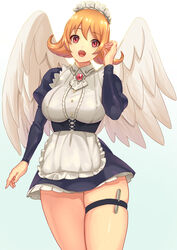  accessory apron breasts clothed clothing eyebrows feathered_wings feathers female frilly frilly_accessory frilly_apron frilly_clothing frilly_hairband front_view hair hair_accessory hairband hi_res humanoid interspecies_reviewers maid_uniform mammal meidri_(interspecies_reviewers) open_mouth orange_hair red_eyes seed01010 solo squish teeth thigh_squish tongue uniform white_body white_feathers white_wings winged_humanoid wings 