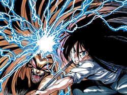  2boys aotsuki_ushio beast_spear black_hair closed_mouth long_hair male_focus monster multiple_boys open_mouth polearm sharp_teeth spear teeth tora_(ushio_to_tora) tukiwani ushio_to_tora very_long_hair weapon 