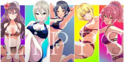  5girls :3 :d ahoge armpits ass bikini black_eyes blonde_hair blue_eyes blush bracelet breasts brown_hair cleavage earrings flower gem green_eyes grey_hair hair_between_eyes hair_intakes hayami_kanade hibiscus ichinose_shiki idolmaster idolmaster_cinderella_girls indian_style jewelry jougasaki_mika keikesu lipps_(idolmaster) long_eyelashes long_hair looking_at_viewer medium_breasts messy_hair miyamoto_frederica multicolored_background multiple_girls one_eye_closed open_mouth pink_hair ponytail scrunchie shiomi_syuko short_hair side-tie_bikini_bottom simple_background sitting smile striped_bikini striped_clothes swimsuit yellow_eyes 