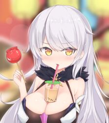  absurdres bad_id bad_pixiv_id blush breasts bubble_tea bubble_tea_challenge candy_apple commentary cp2980606 female food fur_collar grey_hair highres honkai_(series) honkai_impact_3rd kiana_kaslana kiana_kaslana_(herrscher_of_the_void) large_breasts long_hair very_long_hair yellow_eyes 