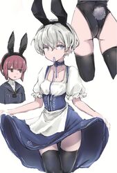  2girls adapted_costume animal_ears apron ass bad_id bad_twitter_id black_legwear black_leotard blue_eyes blue_skirt bodice clothes_lift cowboy_shot cropped_legs dirndl dress fake_animal_ears german_clothes grey_hair highres kantai_collection karin_bluez3 leotard lifting_own_clothes mouth_hold multiple_girls pinafore_dress playboy_bunny rabbit_ears rabbit_tail short_hair simple_background skirt skirt_lift sleeveless sleeveless_dress solo_focus standing tail thighhighs waist_apron white_apron white_background z1_leberecht_maass_(kancolle) z1_leberecht_maass_(oktoberfest_mode)_(kancolle) z3_max_schultz_(kancolle) 