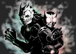  2boys arcle_(kuuga) armor belt commentary crossover fighting_stance full_armor gloves glowing glowing_eye godai_yuusuke green_eyes greyscale helmet hibino_kafka highres horns kaijuu_no._8 kamen_rider kamen_rider_kuuga kamen_rider_kuuga_(series) kuuga_(mighty) looking_at_viewer male_focus mask monochrome monster_boy multiple_boys pose red_eyes shoulder_armor smoke spot_color standing teeth ueyama_michirou upper_body 