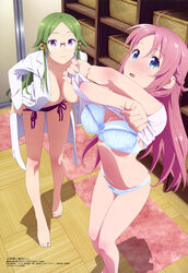  2girls :3 absurdres ahoge barefoot basket blue_bra blue_panties bra breasts changing_room cleavage closed_mouth clothes_lift dress_shirt feet feet_out_of_frame glasses green_hair hanging_breasts highres hosoda_naoto large_breasts legs_together looking_at_viewer magazine_scan megami-ryou_no_ryoubo-kun megami_magazine multiple_girls navel no_bra official_art open_clothes open_mouth open_shirt panties panty_pull pink_hair red-framed_eyewear saotome_atena scan shirt shirt_lift side-tie_panties sidelocks standing string_panties underwear undressing wachi_mineru white_shirt 