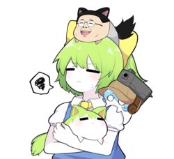  :d :| =_= bad_id bad_pixiv_id blue_vest blush bow cirno cirno_(cookie) closed_eyes closed_mouth collared_shirt commentary_request cookie_(touhou) daiyousei diyusi_(cookie) female gaba_hole_daddy glasses green_hair gun hairbow headset highres manatsu_no_yo_no_inmu ponytail puffy_short_sleeves puffy_sleeves shirt short_sleeves simple_background smile spoken_squiggle squiggle sukusuku_hakutaku totozame touhou upper_body vest weapon white_background white_shirt yellow_bow 