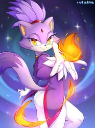  5_fingers anthro ass blaze_the_cat clothing digital_media_(artwork) domestic_cat dress eyelashes felid feline felis female fingers fire forehead_gem fur gem gloves hair handwear hi_res looking_at_viewer mammal ponytail purple_body purple_fur purple_hair sega smile solo sonic_the_hedgehog_(series) vtalna1 white_body yellow_eyes 