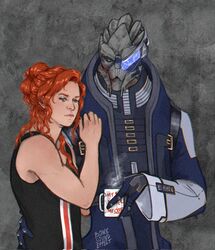  alien bioware bodypaint bonksoundeffect clothing commander_shepard container cuddling cup duo electronic_arts face_paint facial_scar female female_shepard garrus_vakarian gloves handwear hi_res holding_container holding_cup holding_mug holding_object human interspecies male male/female mammal mass_effect mug not_furry romantic romantic_couple scar scouter shirt sleeveless_shirt standing steam topwear turian 