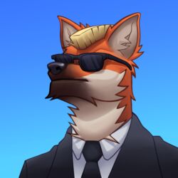  1:1 agent_lang_(li&#039;l_melon) anthro blonde_hair bust_portrait canid canine eyewear flaviomodezto fur hair hi_res inner_ear_fluff low-angle_view male mammal maned_wolf mohawk necktie orange_body orange_fur portrait serious serious_face solo strays_in_paradise sunglasses tuft 