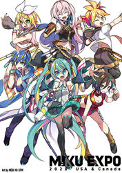  1boy 4girls aqua_eyes aqua_hair aqua_nails aqua_necktie armband bare_shoulders belt black_shirt black_skirt black_sleeves black_socks black_thighhighs blonde_hair blue_eyes blue_hair blue_scarf boots bow bracelet breasts brown_eyes brown_hair cleavage closed_eyes coat commentary copyright_name crop_top detached_sleeves facing_viewer gold_trim grey_shirt hair_ornament hairbow hairclip hand_on_headphones hand_on_own_knee hands_up hatsune_miku_expo holding holding_clothes holding_scarf jewelry kagamine_len kagamine_rin kaito_(vocaloid) leaning_forward leg_up leg_warmers long_hair looking_at_viewer megurine_luka meiko_(vocaloid) midriff miniskirt multiple_girls nail_polish navel necktie negi_(ulog&#039;be) official_art outstretched_arm pants pink_hair red_shirt red_skirt salute scarf shirt short_hair short_shorts short_sleeves shorts shoulder_tattoo single_sleeve skirt sleeveless sleeveless_shirt smile socks spiked_hair swept_bangs tattoo thighhighs twintails very_long_hair vocaloid w white_background white_bow white_coat white_shirt 