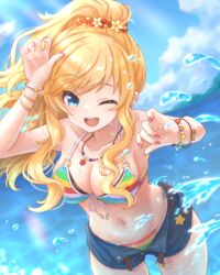  ;d absurdres bare_shoulders bikini bikini_under_clothes blonde_hair blue_eyes blush bracelet breasts collarbone commentary_request day denim denim_shorts female highres idolmaster idolmaster_cinderella_girls idolmaster_cinderella_girls_starlight_stage jewelry large_breasts long_hair looking_at_viewer multicolored_bikini multicolored_clothes nail_polish navel no_shirt ohtsuki_yui one_eye_closed open_fly open_mouth outdoors ponytail short_shorts shorts side-tie_bikini_bottom simoumi_217 smile solo stomach striped_bikini striped_clothes swimsuit 