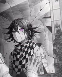  1boy broken_mirror checkered_clothes checkered_scarf commentary danganronpa_(series) danganronpa_v3:_killing_harmony greyscale grin hair_between_eyes hand_on_mirror long_sleeves male_focus messy_hair mirror monochrome nanin oma_kokichi purple_eyes reflection scarf short_hair smile solo spot_color straitjacket 