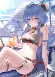  ahoge alternate_costume bare_shoulders bell bikini black_bikini blue_hair blush breasts choker cleavage collarbone commentary_request cooler crazy_straw cup drinking_glass drinking_straw female ganyu_(genshin_impact) genshin_impact heart_straw highres horns ice kachayori long_hair looking_at_viewer medium_breasts navel orb purple_eyes sidelocks sitting solo swimsuit thighs vision_(genshin_impact) 