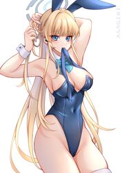  absurdres adjusting_hair animal_ears artist_name asagiri_ai blonde_hair blue_archive blue_eyes blue_hair blue_halo blue_leotard breasts cleavage commentary covered_navel detached_collar fake_animal_ears female halo highres leotard long_hair looking_at_viewer medium_breasts mouth_hold multicolored_hair official_alternate_costume playboy_bunny rabbit_ears simple_background solo strapless strapless_leotard thighhighs toki_(blue_archive) toki_(bunny)_(blue_archive) two-tone_hair white_background white_thighhighs white_wrist_cuffs wrist_cuffs 