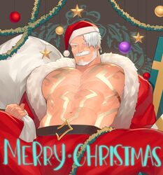  1boy abs bara bare_pectorals beard body_markings bulge chest_hair christmas come_hither commentary facial_hair hat highres hunterkay large_pectorals looking_at_viewer male_focus merry_christmas moustache muscular muscular_male nipples original pectorals santa_costume santa_hat seductive_smile short_hair smile solo spread_legs stomach swept_bangs symbol-only_commentary undressing white_hair 