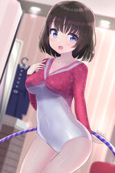  alternative_girls asahina_nono athletic_leotard black_hair blurry breasts commentary_request cosplay cowboy_shot depth_of_field dress dutch_angle female girlfriend_(kari) gymnastics highres hoop hula_hoop ktsecond leotard looking_at_viewer medium_breasts multicolored_leotard purple_eyes rhythmic_gymnastics shiina_kokomi shiina_kokomi_(cosplay) short_hair solo unworn_clothes vaulting_horse 