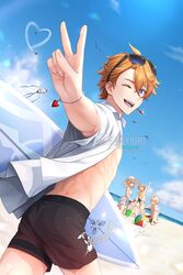  3boys aether_(genshin_impact) ball beachball bikini blonde_hair blue_eyes braid earrings eyewear_on_head female genshin_impact hair_between_eyes hat highres jacket jewelry kite long_hair lumine_(genshin_impact) male_swimwear multiple_boys nancy_teeple one_eye_closed open_clothes open_jacket open_mouth orange_hair paimon_(genshin_impact) sand_castle sand_sculpture short_hair single_earring surfboard swim_trunks swimsuit tartaglia_(genshin_impact) teucer_(genshin_impact) white_jacket 