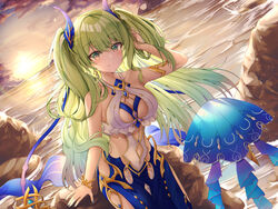  absurdres arm_up bare_shoulders blue_nails blue_skirt blue_sky breasts cleavage closed_mouth cloud cloudy_sky collarbone commentary_request female gr_greeze green_eyes green_hair hair_between_eyes hand_in_own_hair highres honkai_(series) honkai_impact_3rd horizon horns long_hair looking_at_viewer medium_breasts mobius_(daughter_of_corals)_(honkai_impact) mobius_(honkai_impact) nail_polish ocean official_alternate_costume outdoors skirt sky smile solo splashing sun sunset twintails two_side_up very_long_hair water 