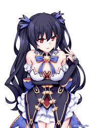  arm_under_breasts bare_shoulders black_dress black_hair blue_ribbon breast_hold breasts bridal_gauntlets choujigen_game_neptune chrisandita commentary cowboy_shot dress english_commentary female hair_between_eyes hair_ribbon hand_up highres layered_skirt long_hair looking_at_viewer medium_breasts neptune_(series) noire_(neptunia) parted_lips pleated_skirt red_eyes ribbon simple_background skirt smile solo twintails twitter_username very_long_hair white_background white_skirt 