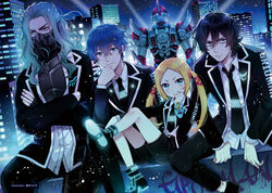  4boys aqua_hair belt black_necktie black_pants black_suit blonde_hair blue_eyes blue_hair boots borr building crossed_arms crossed_legs dutch_angle fingerless_gloves formal gloves glowing gridman_(ssss) gridman_universe hand_on_own_chin high_heel_boots high_heels highres long_hair mask max_(ssss.gridman) multiple_boys naki_ringo necktie night non-web_source pants photoshop_(medium) samurai_calibur shirt short_hair shorts sitting ssss.gridman suit twintails vit watch white_shirt wristwatch yellow_eyes 