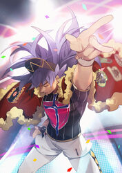  1boy absurdres arm_up cape champion_uniform charizard_pose clenched_hand closed_eyes closed_mouth commentary_request dark-skinned_male dark_skin dynamax_band facial_hair fur-trimmed_cape fur_trim head_down highres leon_(pokemon) long_hair male_focus no-kan pokemon pokemon_swsh purple_hair red_cape shirt short_shorts short_sleeves shorts smile solo w white_legwear white_shorts 