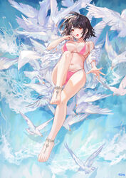  animal anklet atdan bare_legs bare_shoulders barefoot barefoot_sandals bikini bird black_hair breasts cameltoe cleavage collarbone feet female finger_to_mouth full_body halterneck highres jewelry large_breasts leg_up looking_at_viewer multi-strapped_bikini navel off_shoulder open_clothes open_mouth open_shirt original pink_bikini red_eyes revision see-through shirt short_hair solo stomach strap_pull string_bikini swimsuit thighs tongue tongue_out white_shirt 