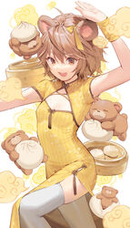  :d animal_ears arm_up bamboo_steamer baozi bear bear_ears bow breasts brown_eyes brown_hair china_dress chinese_clothes cleavage_cutout clothing_cutout commentary commission dress ear_bow feet_out_of_frame female food hair_between_eyes highres kitada_mo original short_sleeves simple_background skeb_commission small_breasts smile solo standing standing_on_one_leg teeth thighhighs upper_teeth_only white_background white_thighhighs yellow_bow yellow_dress 