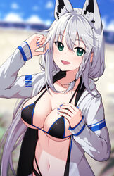  ahoge animal_ear_fluff animal_ears beach bikini black_bikini blue_nails blurry blurry_background blush braid breasts commentary_request earrings extra_ears female fox_ears fox_girl green_eyes hair_between_eyes highres hololive hood hoodie jewelry large_breasts long_hair looking_at_viewer nemurimangetsu open_clothes open_hoodie open_mouth shirakami_fubuki sidelocks single_braid smile solo swimsuit virtual_youtuber white_hair white_hoodie 