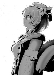  altronage animal_ears ayunda_risu ayunda_risu_(1st_costume) breasts commentary covered_eyes detached_sleeves english_commentary female from_side greyscale hair_over_eyes hat highres hololive hololive_indonesia kaneki_profile_picture_(meme) leaning_back medium_breasts meme monochrome parted_lips solo squirrel_ears squirrel_girl squirrel_tail tail tokyo_ghoul tokyo_ghoul:re virtual_youtuber white_background 