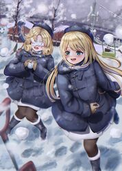  2girls black_coat black_footwear black_headwear black_legwear blonde_hair blue_eyes blue_scarf blush boots coat fringe_trim hat highres janus_(kancolle) jervis_(kancolle) kantai_collection long_hair long_sleeves multiple_girls open_mouth outdoors pantyhose sabakuomoto scarf short_hair shovel smile snow snowball snowball_fight snowing snowman union_jack 