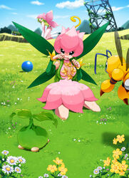  2girls ball bare_shoulders blue_sky blurry breasts cloud commentary_request creature crying crying_with_eyes_open day depth_of_field detached_sleeves digimon digimon_(creature) dress fairy field fingernails floating flower flower_wings flying_sweatdrops fujihana_(mugenpixel) full_body funbeemon grass green_eyes green_hair green_sleeves grey_eyes hat highres leaf_wings lilamon lilimon long_fingernails long_hair looking_at_another medium_breasts medium_hair multiple_girls open_mouth outdoors partial_commentary pink_dress pink_headwear plant red_nails shadow sharp_fingernails sitting sky sleeveless sleeveless_dress sweat tanemon tears transmission_tower vines wariza wavy_mouth wings 