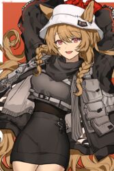  absurdres animal_ears arknights arms_up belt belt_buckle black_jacket black_skirt border braid breasts brown_hair buckle ceobe_(arknights) ceobe_(unfettered)_(arknights) chains commentary_request cowboy_shot crop_top dog_ears dog_girl ears_through_headwear female gloves hair_between_eyes high-waist_skirt highres jacket long_hair looking_at_viewer miniskirt oerba_yun_fang open_mouth orange_background oversized_clothes pocket red_eyes red_gloves scarf signature simple_background skin_fang skirt smile solo twice12314 twin_braids very_long_hair white_background white_headwear 