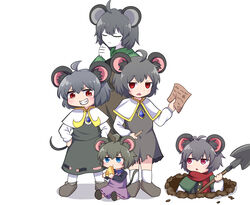  5girls ahoge animal_ears ankle_socks bad_id bad_pixiv_id blush brown_dress capelet cheese closed_eyes closed_mouth colored_skin commentary_request cookie_(touhou) crystal digging dress eating empty_eyes expressionless fake_nyon_(cookie) food full_body green_capelet grey_dress grey_hair grey_skirt grey_tail grey_vest grin highres holding holding_shovel jewelry jitome kofji_(cookie) layered_clothes long_sleeves looking_at_viewer mouryou_(cookie) mouse_ears mouse_girl mouse_tail multiple_girls nazrin nyon_(cookie) open_mouth pendant purple_dress red_eyes red_scarf scarf shirt shoes short_hair shovel simple_background skirt skirt_set smile socks standing tail totozame touhou vest white_background white_capelet white_shirt white_skin white_socks 