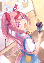  animal_ears blue_overalls bow ear_bow ear_covers female flower-shaped_pupils flower_in_eye food from_behind hair_intakes haru_urara_(umamusume) headband highres horse_ears horse_girl horse_tail ice_cream ice_cream_cone kin&#039;iro_dojo long_hair looking_back open_mouth outdoors overalls pink_eyes pink_hair pink_shirt ponytail red_headband shirt short_sleeves smile solo symbol-shaped_pupils symbol_in_eye tail umamusume 