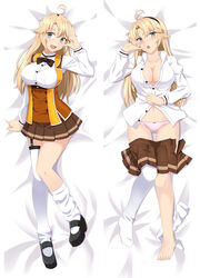  ahoge asymmetrical_legwear black_footwear black_hairband blonde_hair blue_eyes breasts brown_skirt collared_shirt dakimakura_(medium) female garter_straps hairband kohagura_ellen large_breasts long_hair long_sleeves loose_socks mary_janes miniskirt moeanime multiple_views orange_vest osafune_girls_academy_school_uniform panties pink_panties pleated_skirt school_uniform shirt shoes single_thighhigh skirt socks thighhighs toji_no_miko underwear vest white_shirt white_socks white_thighhighs 