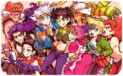  2girls 6+boys :3 :q alternate_color bad_id bad_pixiv_id battle_tendency black_hair blonde_hair blue_jacket brown_hair caesar_anthonio_zeppeli cellphone chocoblood crop_top denim dress esidisi everyone facial_mark green_scarf groin headband highres horns jacket jeans jojo_no_kimyou_na_bouken joseph_joestar joseph_joestar_(young) kars_(jojo) licking_lips lisa_lisa looking_at_phone midriff multicolored_clothes multicolored_scarf multiple_boys multiple_girls one_eye_closed pants phone pincushion pink_scarf purple_hair red_dress red_hair red_scarf rudolph_von_stroheim santana_(jojo) scarf smartphone stitches striped_clothes striped_scarf suzi_q time_paradox tongue tongue_out triangle_print turban wamuu white_hair yellow_scarf 